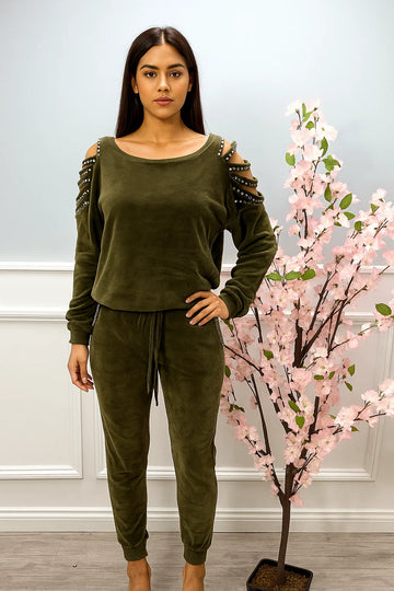 Round neck cold shoulder cutouts studs details top and trouser